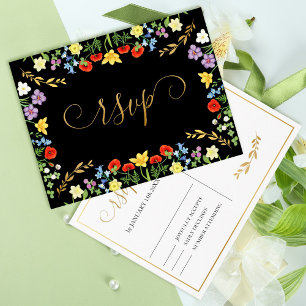 Colourful Spring Wildflower Black Wedding RSVP  Postcard