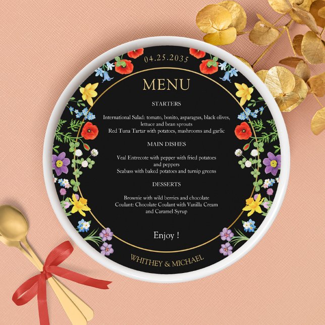 Colourful Spring Wildflower Floral  Round Wedding Menu (Colorful Spring Wildflower Floral Round Wedding Menu)