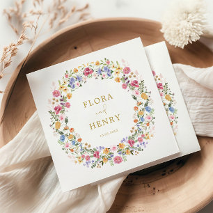 Colourful Spring Wildflower Garden Wreath Wedding Napkin