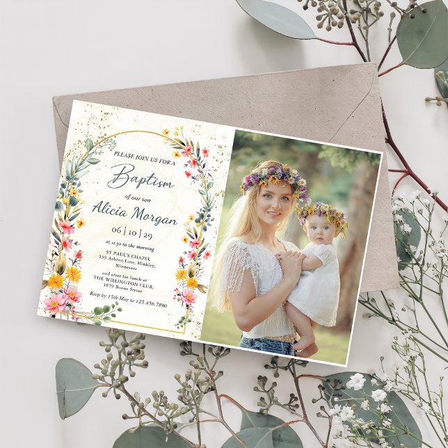 Colourful Spring Wildflower Meadow Baptism Photo Invitation (Creator Uploaded)