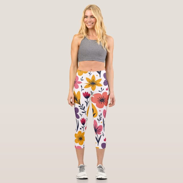 Colourful Spring Wildflower Meadow Botanical Capri Leggings (Front)