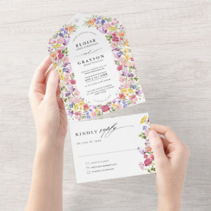 Colourful Spring Wildflower Meadow Garden Wedding All In One Invitation