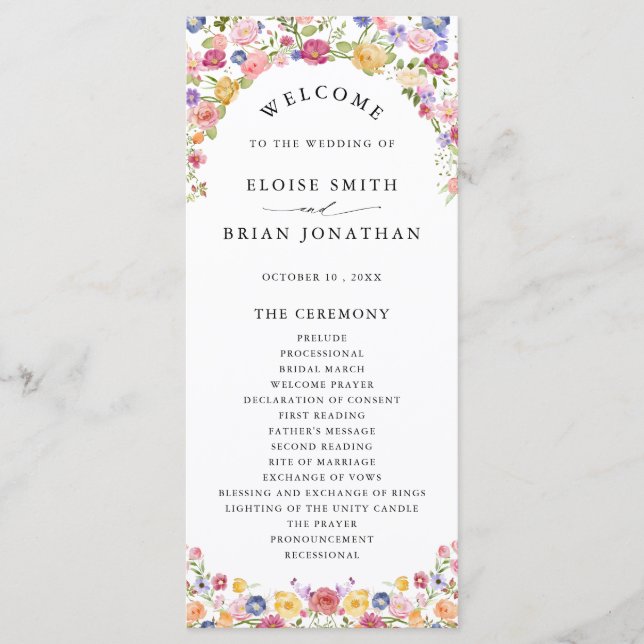 Colourful Spring Wildflower Meadow Garden Wedding  Programme (Front)