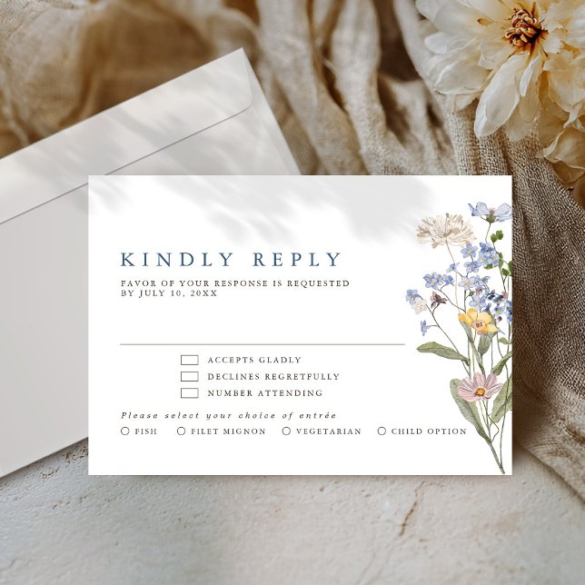 Colourful Spring Wildflower Meadow Garden Wedding  RSVP Card (Colorful Spring Wildflower Meadow Garden Wedding RSVP Card with meal options )