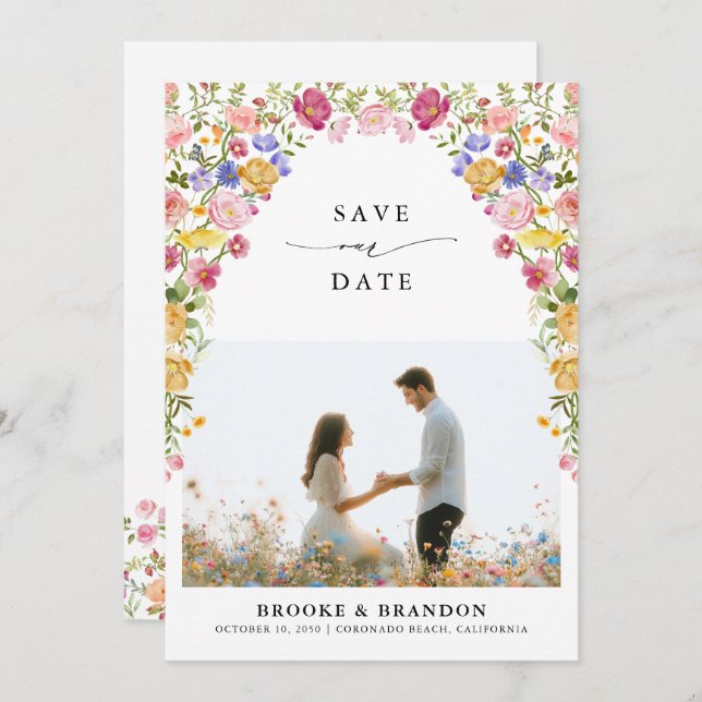 Colourful Spring Wildflower Meadow Garden Wedding  Save The Date (Front/Back)