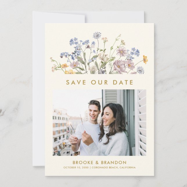 Colourful Spring Wildflower Meadow Gold QR Code  Save The Date (Front)
