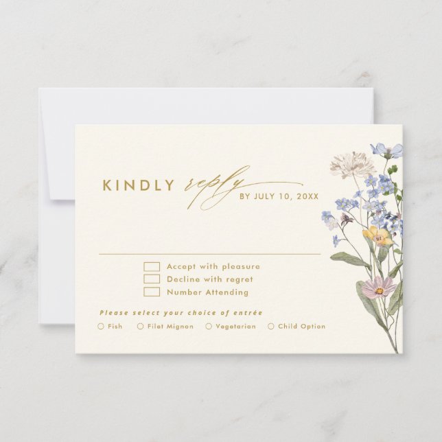 Colourful Spring Wildflower Meadow Gold Wedding RSVP Card (Front)
