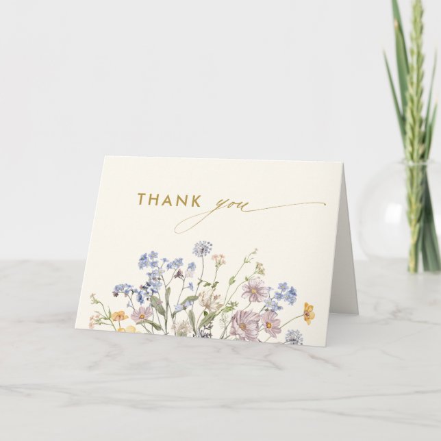 Colourful Spring Wildflower Meadow Gold Wedding Thank You Card (Front)