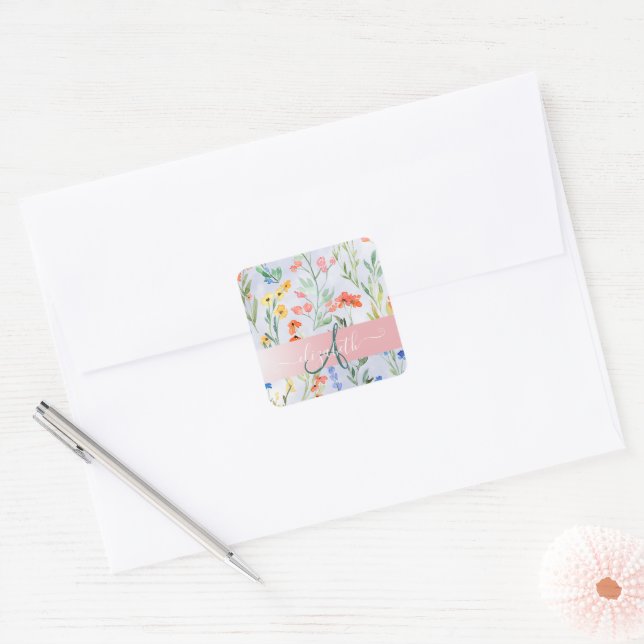 Colourful Spring Wildflower Meadow Monogram     Square Sticker (Envelope)