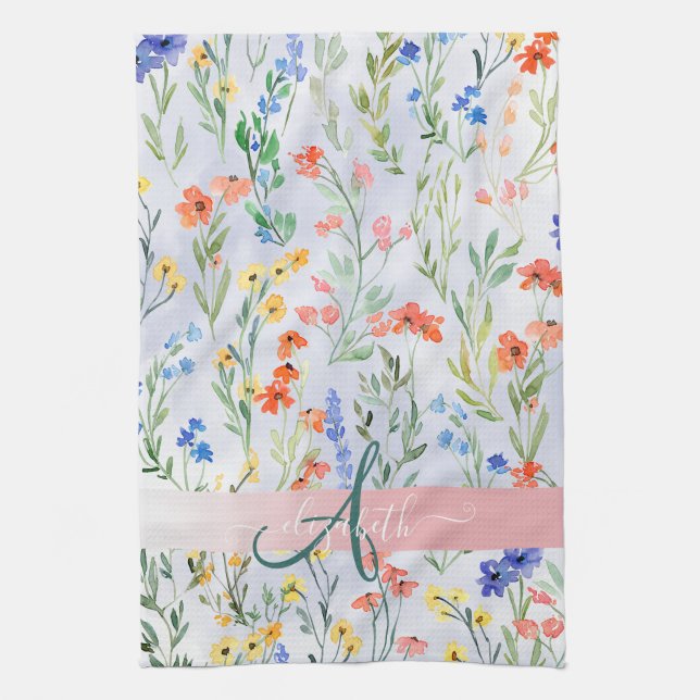 Colourful Spring Wildflower Meadow Monogram    Tea Towel (Vertical)