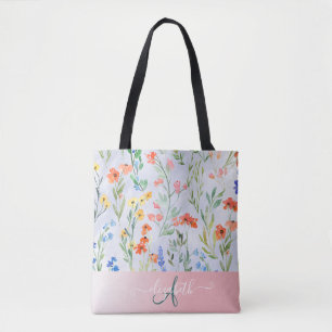 Colourful Spring Wildflower Meadow Monogram Tote Bag