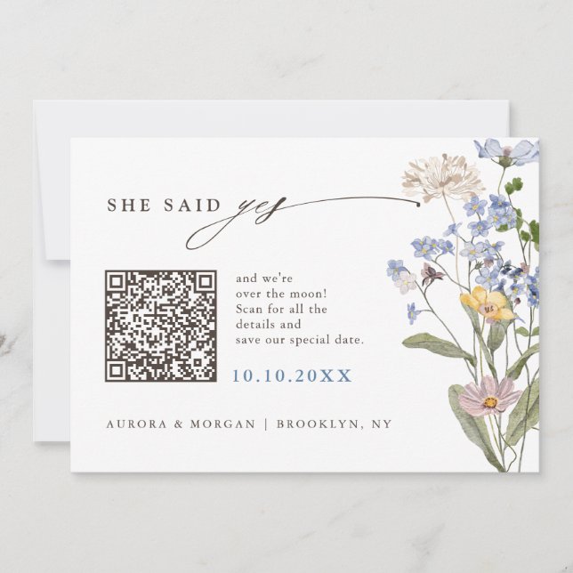 Colourful Spring Wildflower Meadow Photo QR code   Save The Date (Front)