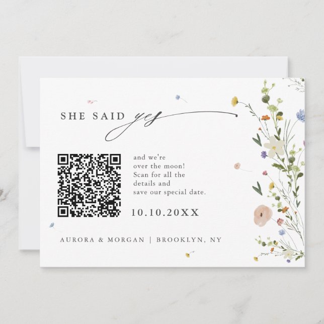 Colourful Spring Wildflower Meadow Photo QR code   Save The Date (Front)