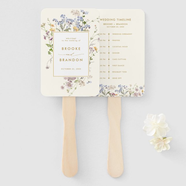 Colourful Spring Wildflower Meadow wedding Timelin Hand Fan (Front and Back)