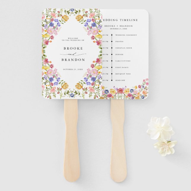 Colourful Spring Wildflower Meadow wedding Timelin Hand Fan (Front and Back)