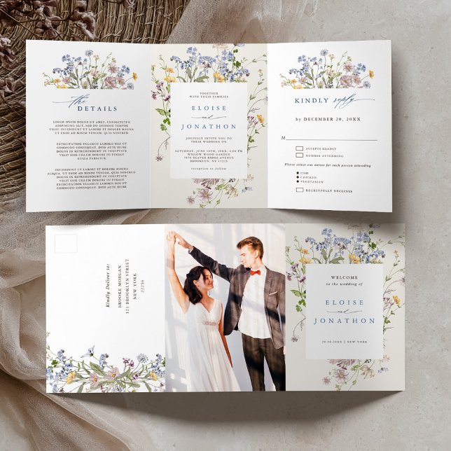 Colourful Spring Wildflower  Wedding Invitation (Colorful Spring Wildflower Meadow Garden Wedding Tri-Fold photo all in one wedding invitation)
