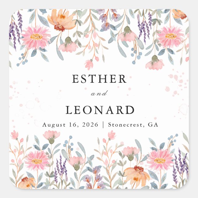 Colourful Spring Wildflower Wedding  Square Sticker (Front)