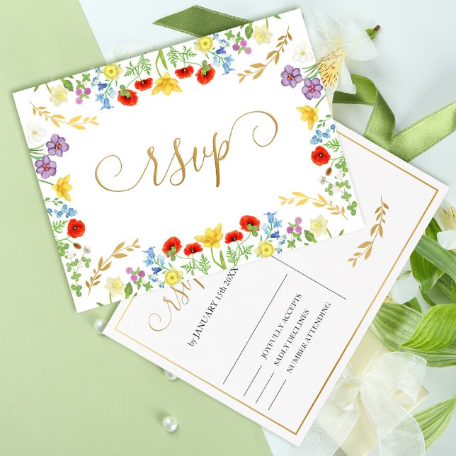Colourful Spring Wildflower White Wedding RSVP  Postcard (Colorful Spring Wildflower White Wedding RSVP Postcard)