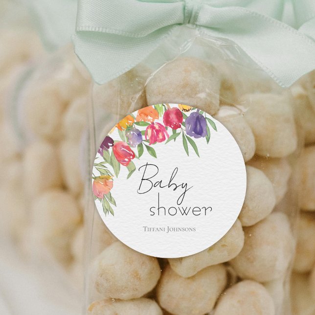 Colourful Springtime Tulips-themed Baby Shower Classic Round Sticker (Creator Uploaded)