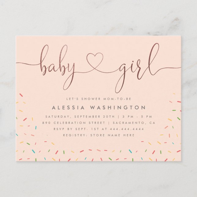 Colourful Sprinkle Rose Gold Girl Baby Shower Invitation Postcard (Front)
