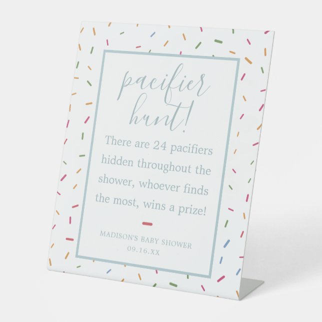 Colourful Sprinkles Baby Shower Pacifier Hunt Game Pedestal Sign (Front)