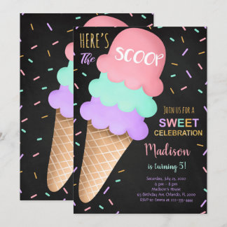 Colourful Sprinkles Black Ice Cream Invitation