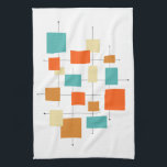 Colourful Squares Geometric Mid Century Modern Tea Towel<br><div class="desc">Add a pop of colour to your kitchen with this adorable retro kitchen towel. It features squares,  rectangles,  dots and lines in the bright and bold colours of turquoise blue,  two shades of orange,  and cream. These will look great hanging from the front of your oven!</div>