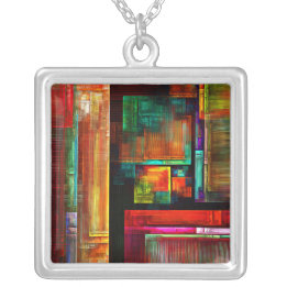 Colourful Squares Modern Abstract Art Pattern #04 Silver Plated Necklace