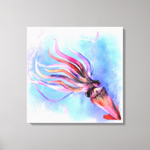 Colourful Squid Swimming Canvas Print - Painting
