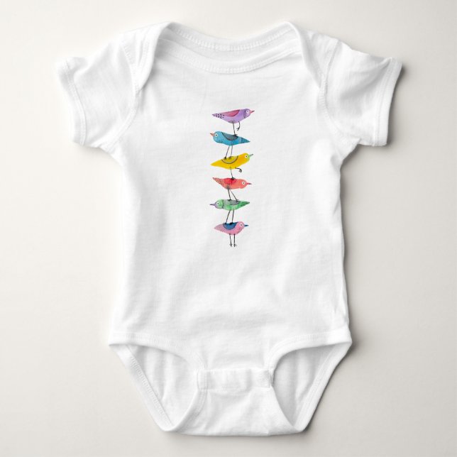 Colourful Stacked Birds Baby Bodysuit (Front)