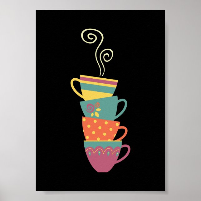 Colourful stacked tea/coffee cups, steaming mugs poster (Front)