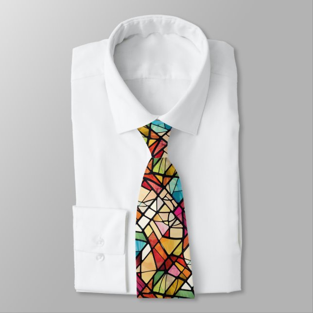 Colourful Stained Glass Abstract Pattern Neck Tie (Tied)