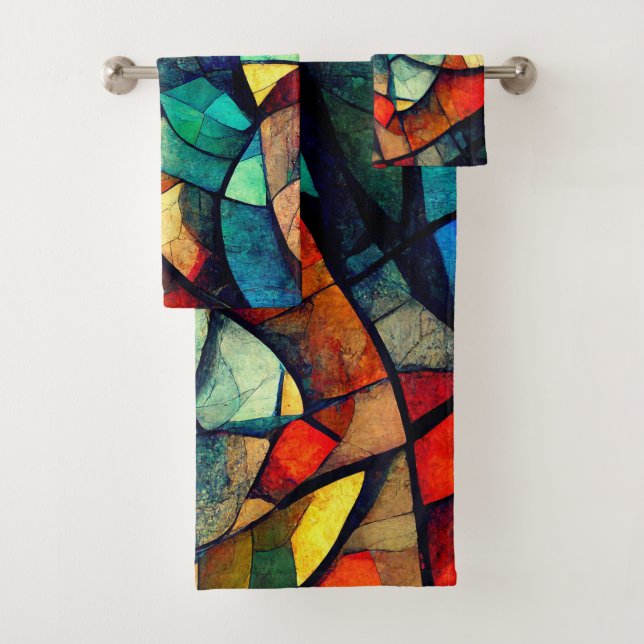 Colourful Stained Glass Abstraction Bath Towel Set (Insitu)