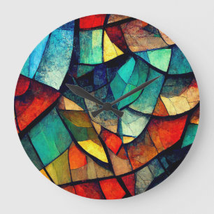 Colourful Stained Glass Abstraction Large Clock