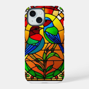 Colourful Stained Glass Artwork with Birds iPhone 15 Case