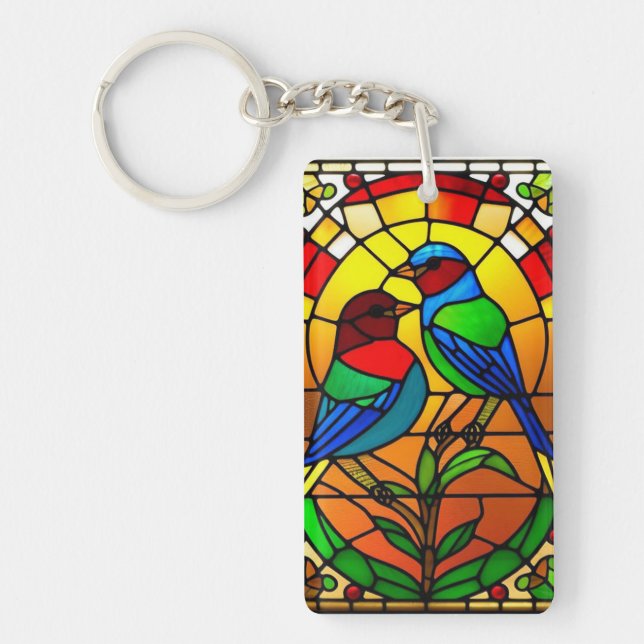 Colourful Stained Glass Artwork with Birds Key Ring (Front)