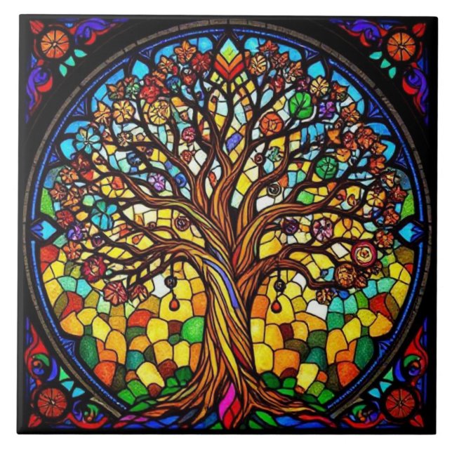 Colourful Stained Glass Big Tree Natured Inspired Tile (Front)