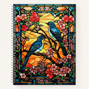 Colourful Stained Glass Birds on Flowering Branche Notebook