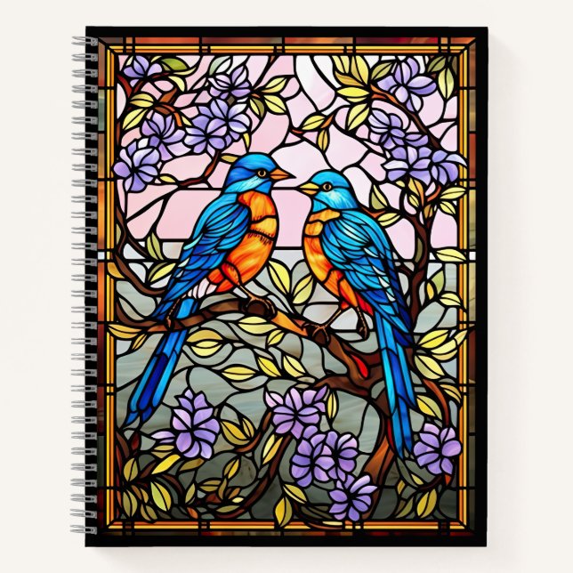 Colourful Stained Glass Birds on Flowering Branche Notebook (Front)