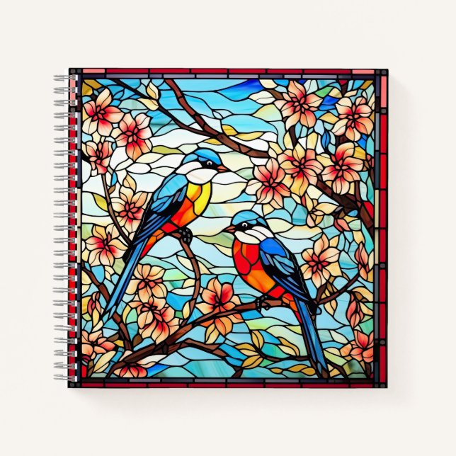 Colourful Stained Glass Birds on Flowering Branche Notebook (Front)