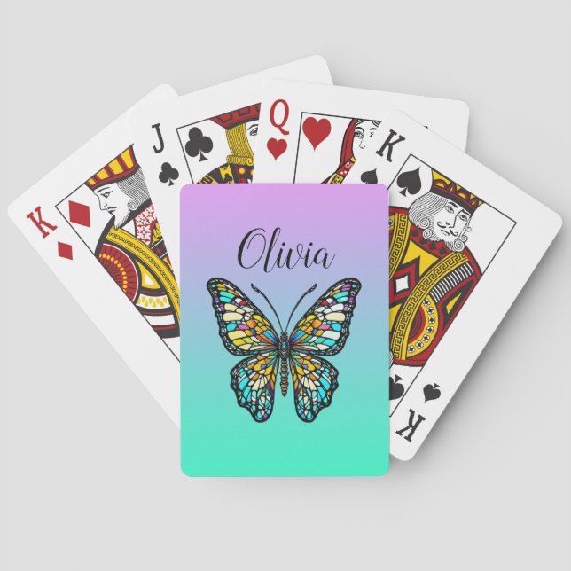 Colourful Stained Glass Butterfly Personalised Playing Cards (Back)