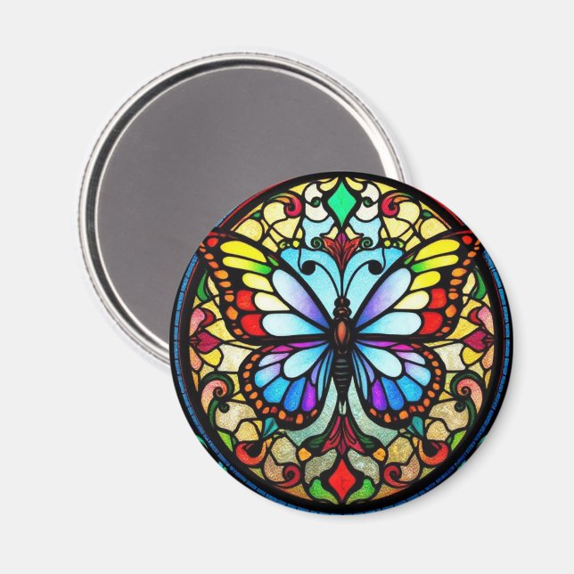 Colourful Stained Glass Butterfly Vibrant Art Magnet (Front/Back)
