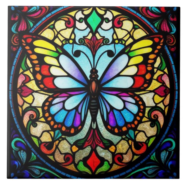 Colourful Stained Glass Butterfly Vibrant Art Tile (Front)