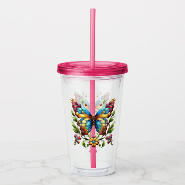 Colourful stained glass butterfly with flowers (Front)