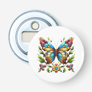 Colourful stained glass butterfly with flowers bottle opener
