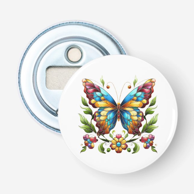 Colourful stained glass butterfly with flowers bottle opener (Front)