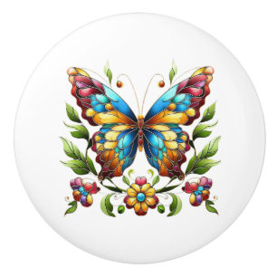 Colourful stained glass butterfly with flowers ceramic knob
