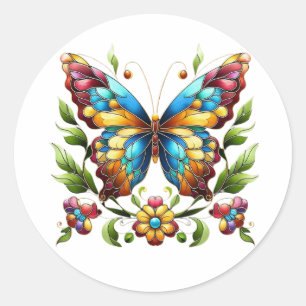 Colourful stained glass butterfly with flowers classic round sticker