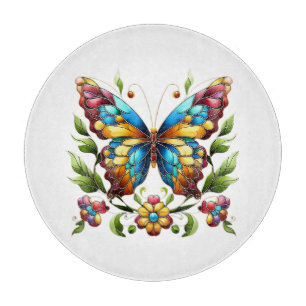 Colourful stained glass butterfly with flowers cutting board