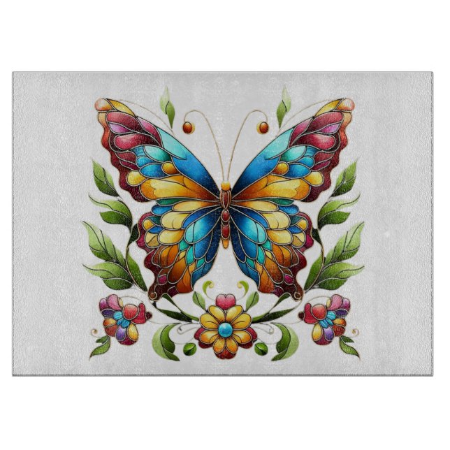 Colourful stained glass butterfly with flowers cutting board (Front)
